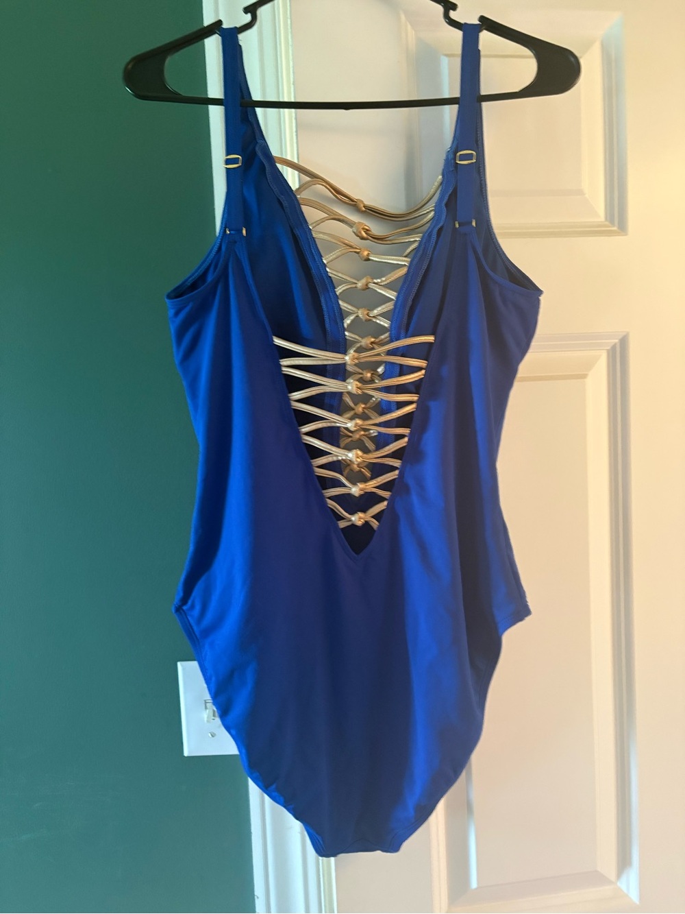 Bleu Rod Beattie Royal Blue One-Piece With Gold Lattice Back View 2